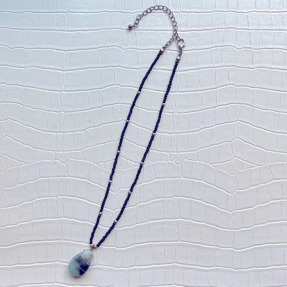 Black Beaded Necklace with Light Blue Stone Pendant - Picture 3 of 4